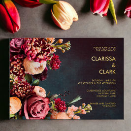 Dark Moody Bold Floral Marsala Wedding Folie Uitnodiging