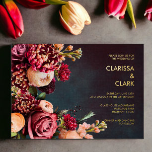 Dark Moody Bold Floral Marsala Wedding Folie Uitnodiging