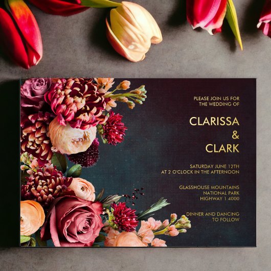 Dark Moody Bold Floral Marsala Wedding Folie Uitnodiging