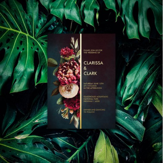 Dark Moody Bold Floral Marsala Wedding Folie Uitnodiging