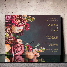 Dark Moody Bold Floral Marsala Wedding Invitation Kaart
