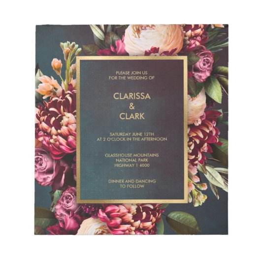Dark Moody Bold Floral Marsala Wedding Invitation Notitieblok (Voorkant)