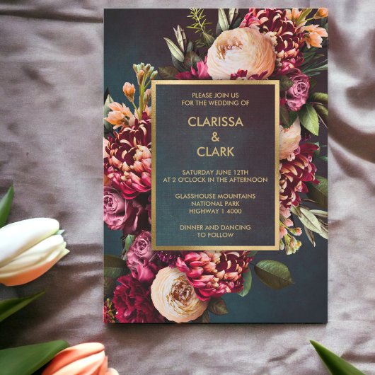 Dark Moody Bold Floral Marsala Wedding Kaart
