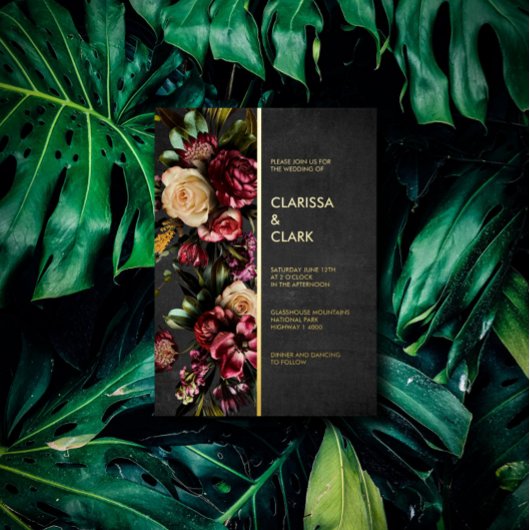 Dark Moody Bold Wild Flower Wedding Folie Invitati Folie Uitnodiging