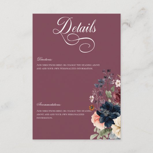 Dark Moody Bourgogne Ovaal Bloemen Lijst Details Informatiekaartje (Voorkant)