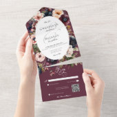 Dark Moody Bourgogne Ovaal Bloemen Lijst QR Code All In One Uitnodiging (Afscheurbaar)