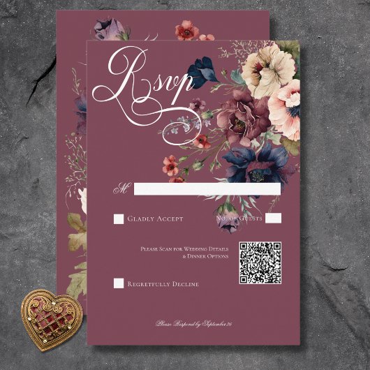 Dark Moody Bourgogne Ovaal Bloemen Lijst QR Code RSVP Kaartje