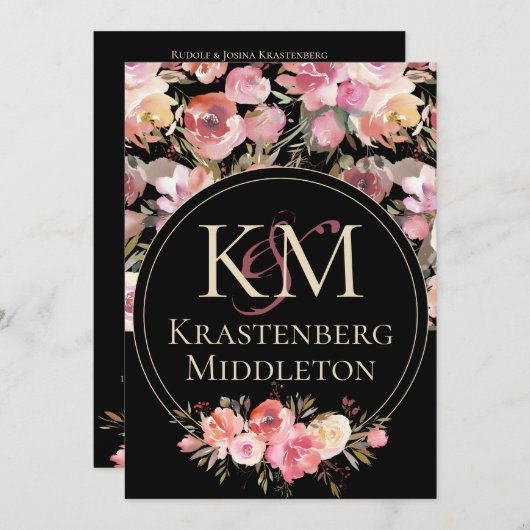 Dark Moody Bruiloft Monogram Blush Winter Roos Kaart (Voorkant / Achterkant)