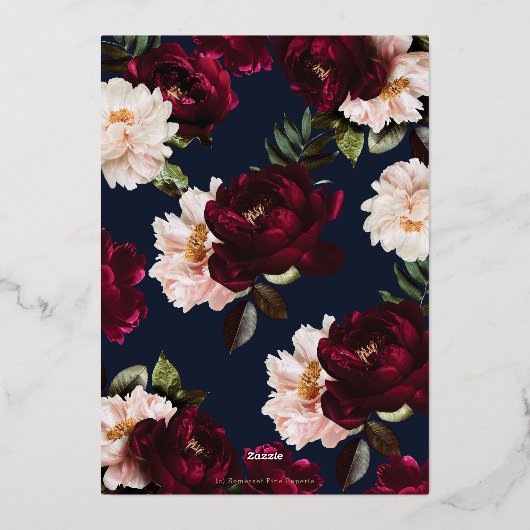 Dark Moody Burgundy Blush Navy Blue Floral Wedding Folie Uitnodiging (Achterkant)