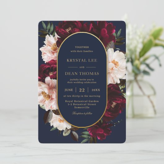 Dark Moody Burgundy Blush Navy Blue Floral Wedding Kaart (Staand voorkant)