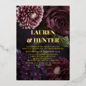 Dark Moody Burgundy Floral Botanical Weddenschap G Folie Uitnodiging (Voorkant)