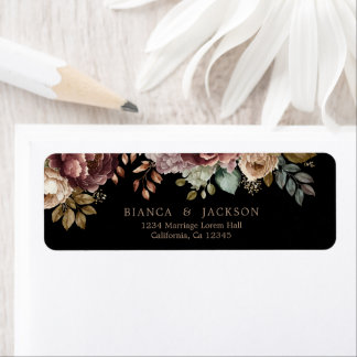 Dark moody Burgundy floral Wedding Return address Etiket