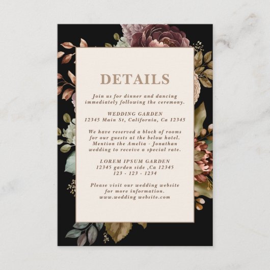Dark Moody Burgundy & Maroon Floral Wedding Detail Informatiekaartje (Voorkant)