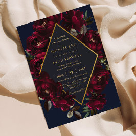Dark Moody Burgundy Navy Blue Floral Wedding Kaart