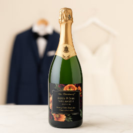 Dark Moody Burgundy Orange Rust Floral Wedding Sparkling Wijnetiket