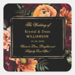 Dark Moody Burgundy Orange Rust Floral Wedding Vierkante Sticker