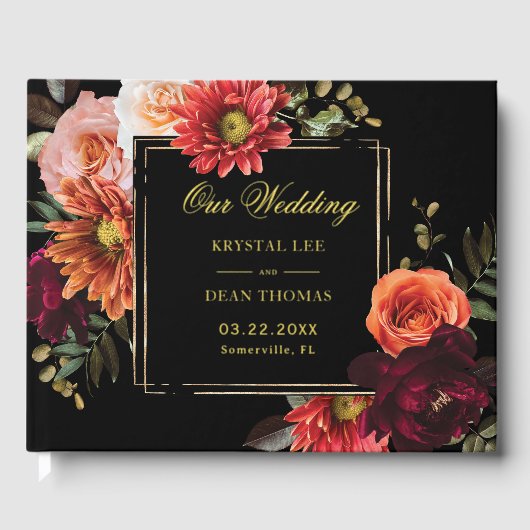 Dark Moody Burgundy Rust Orange Floral Wedding Gastenboek (Voorkant)