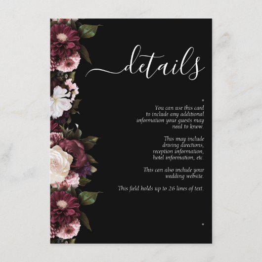 Dark Moody Burgundy Script Floral Wedding Details Informatiekaartje (Voorkant)