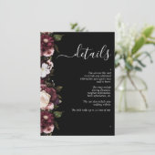 Dark Moody Burgundy Script Floral Wedding Details Informatiekaartje (Staand voorkant)