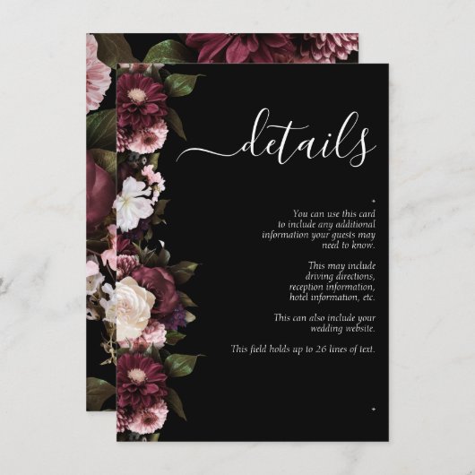Dark Moody Burgundy Script Floral Wedding Details Informatiekaartje (Voorkant / Achterkant)