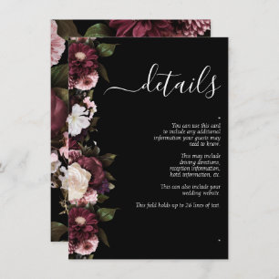 Dark Moody Burgundy Script Floral Wedding Details Informatiekaartje