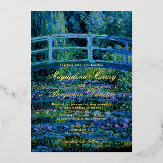 Dark Moody Fine Art Monet Water Lilies Wedding Folie Uitnodiging (Voorkant)