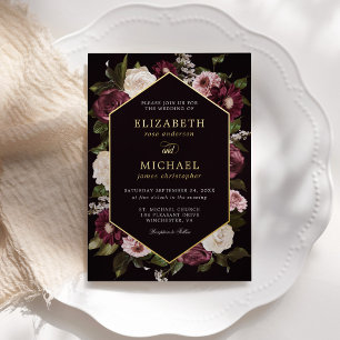 Dark Moody Floral Burgundy Wedding Elegant Folie Uitnodiging