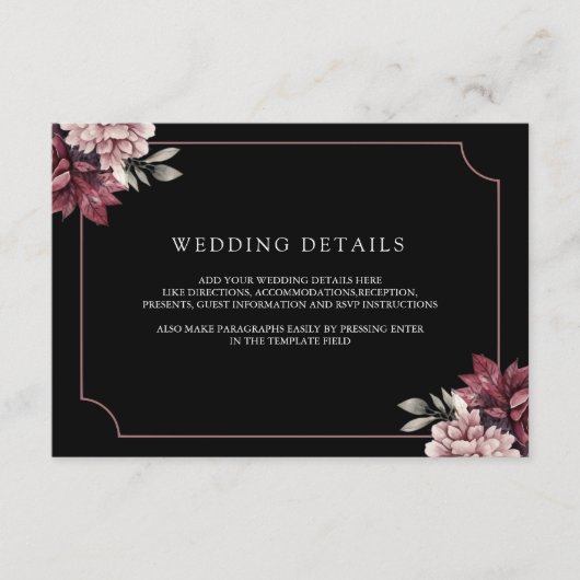 Dark Moody Floral Frame Black Wedding Details Informatiekaartje (Voorkant)