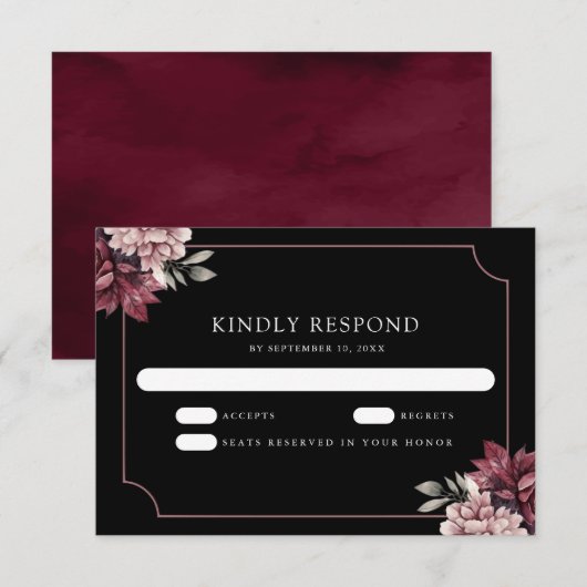 Dark Moody Floral Frame Black Wedding RSVP Kaartje (Voorkant / Achterkant)