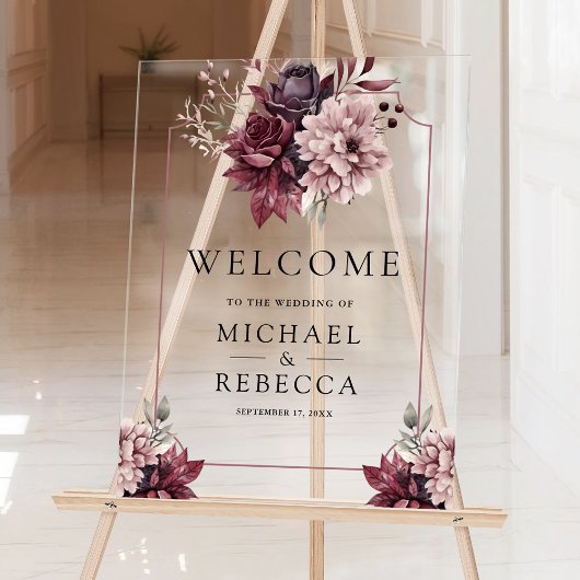 Dark Moody Floral Frame Wedding Welcome Acryl Bord