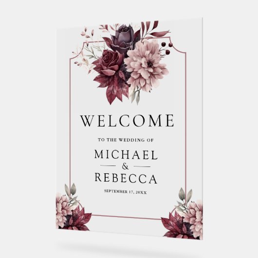Dark Moody Floral Frame Wedding Welcome Acryl Bord (Hoek)