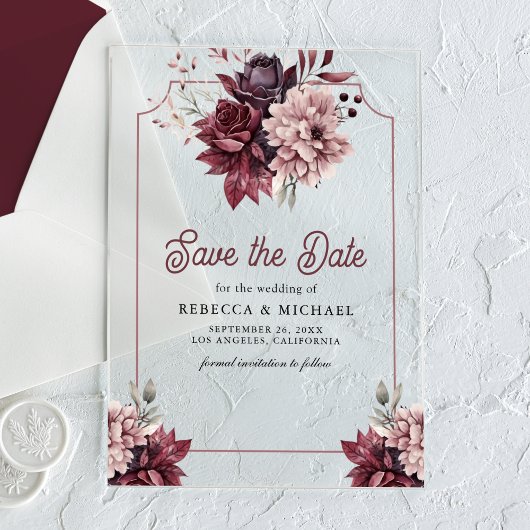 Dark Moody Floral Lijst Wedding Save the Date Acryl Uitnodigingen
