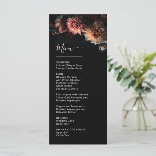 Dark Moody Flowers Chrysanthemum Wedding Menu (Staand voorkant)