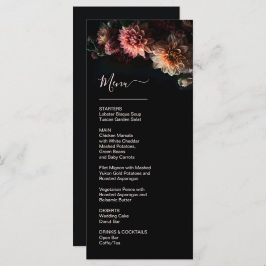 Dark Moody Flowers Chrysanthemum Wedding Menu (Voorkant / Achterkant)