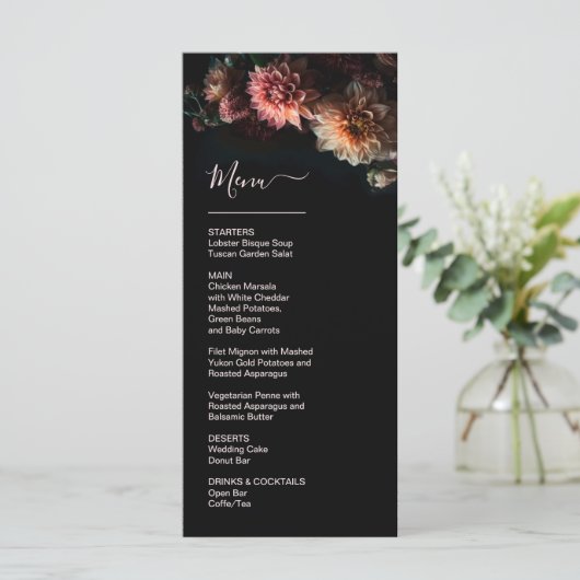 Dark Moody Flowers Chrysanthemum Wedding Menu (Staand voorkant)