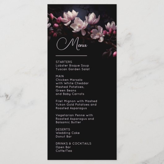 Dark Moody Flowers Magnolia Wedding Menu (Voorkant)