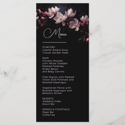 Dark Moody Flowers Magnolia Wedding Menu (Voorkant)