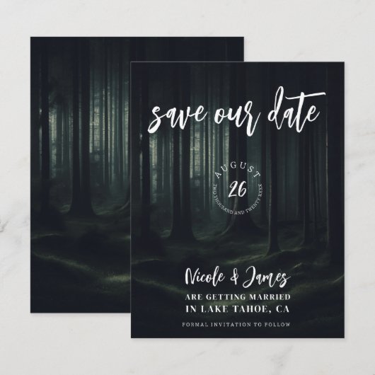 Dark Moody Forest Bomen bij Twilight Save the Date Kaart (Voorkant / Achterkant)