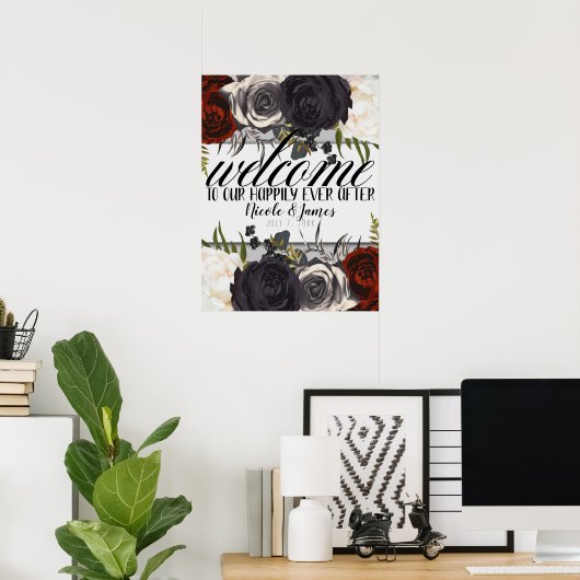 Dark Moody Glam Botanical Floral Welcome Wedding Poster (Thuiskantoor)
