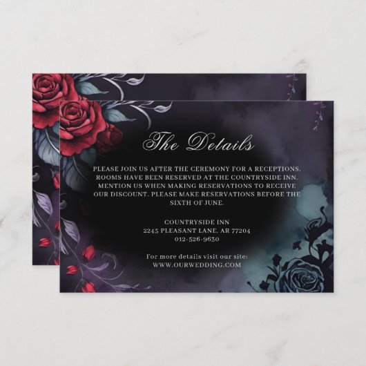 Dark Moody Gothic Red Rose Purple Wedding Informatiekaartje (Voorkant / Achterkant)