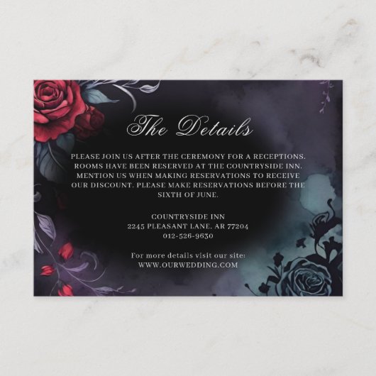 Dark Moody Gothic Red Rose Purple Wedding Informatiekaartje (Voorkant)