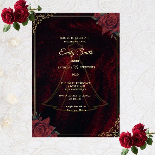 Dark Moody Gothic Red Roses Elegant Bridal Shower Kaart