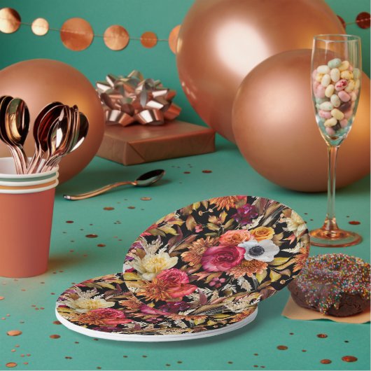 Dark Moody Herfst Floral Romantisch Vrijgezellenfe Papieren Bordje (Multi)