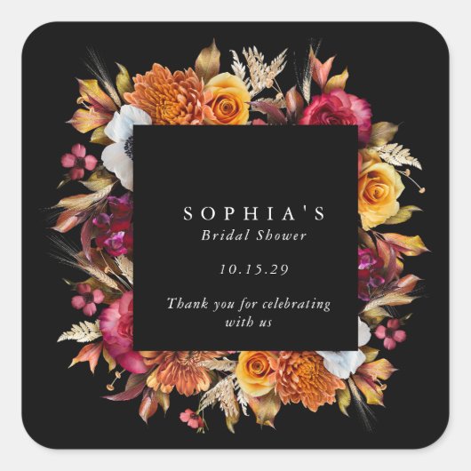 Dark Moody Herfst Floral Romantisch Vrijgezellenfe Vierkante Sticker (Voorkant)