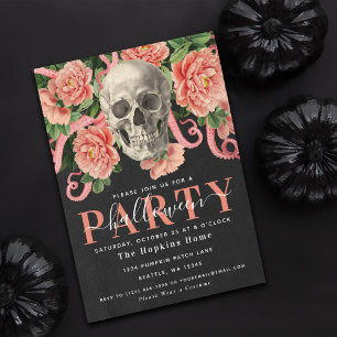 Dark Moody Koraal Schedel Bloemen Halloween Party Kaart