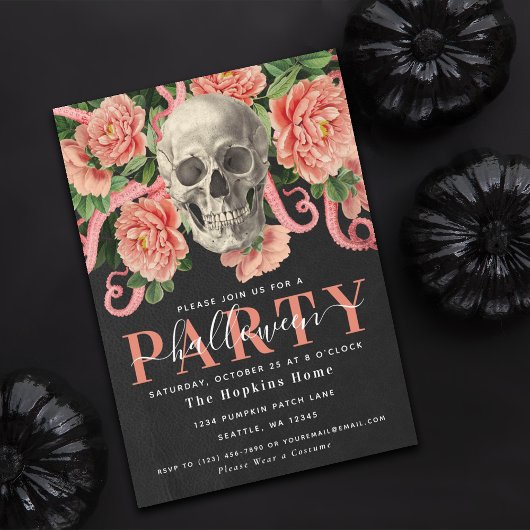 Dark Moody Koraal Schedel Bloemen Halloween Party Kaart