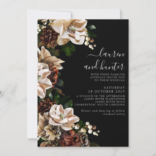 Dark Moody Magnolia Script Floral Wedding Invitati Kaart (Voorkant)
