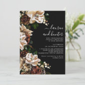 Dark Moody Magnolia Script Floral Wedding Invitati Kaart (Staand voorkant)