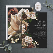 Dark Moody Magnolia Script Floral Wedding Invitati Kaart