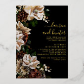 Dark Moody Magnolia Script Floral Weduwen Gold Folie Uitnodiging (Voorkant)